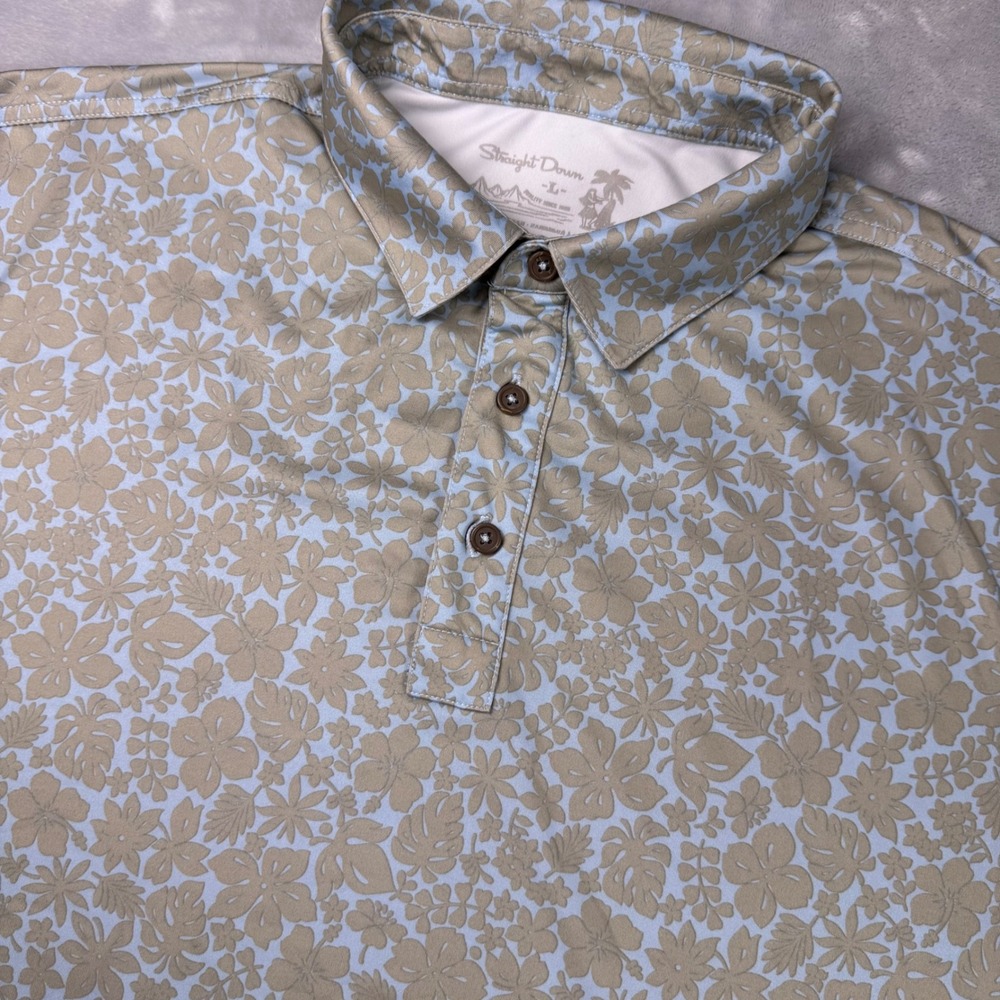 Straight Down Mens Large Blue Tan Floral Tropical Performance Golf Polo Shirt